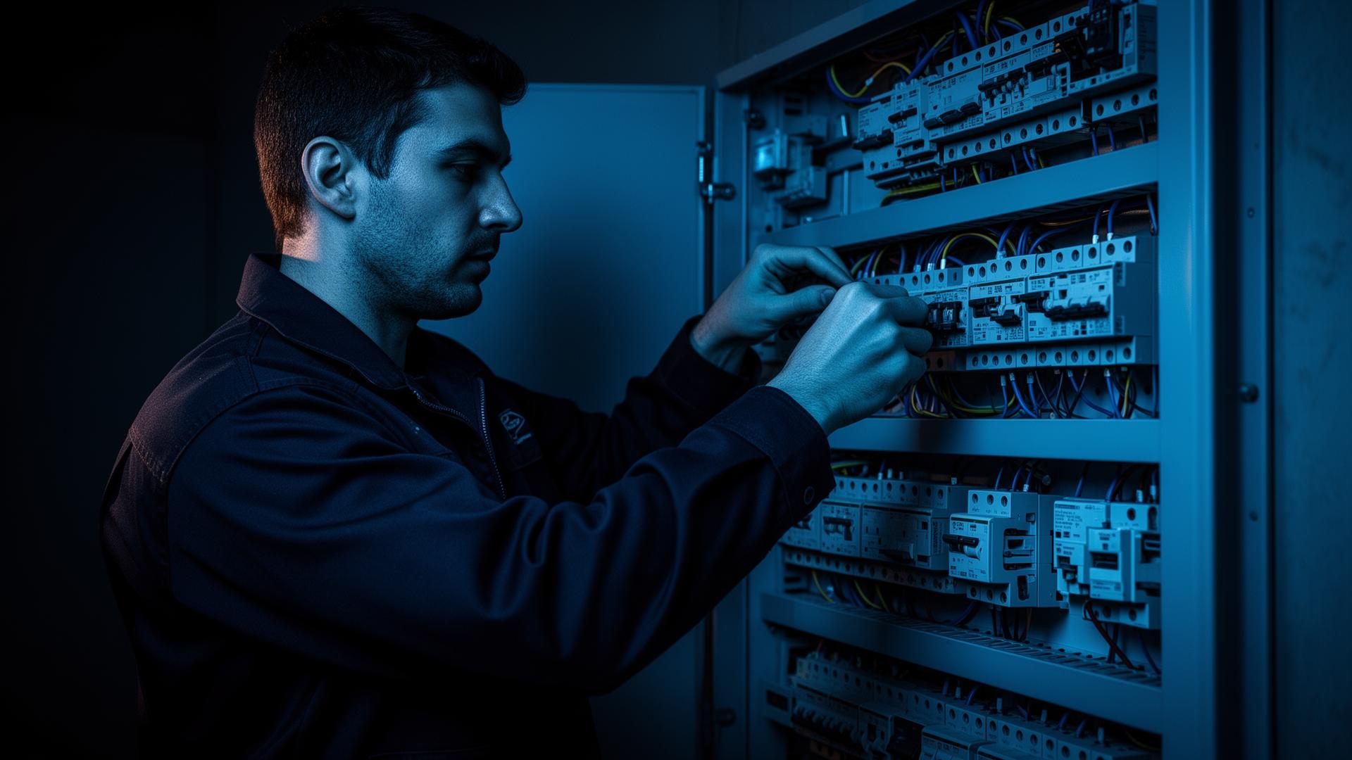 Professioneller Elektriker arbeitet am Sicherungskasten